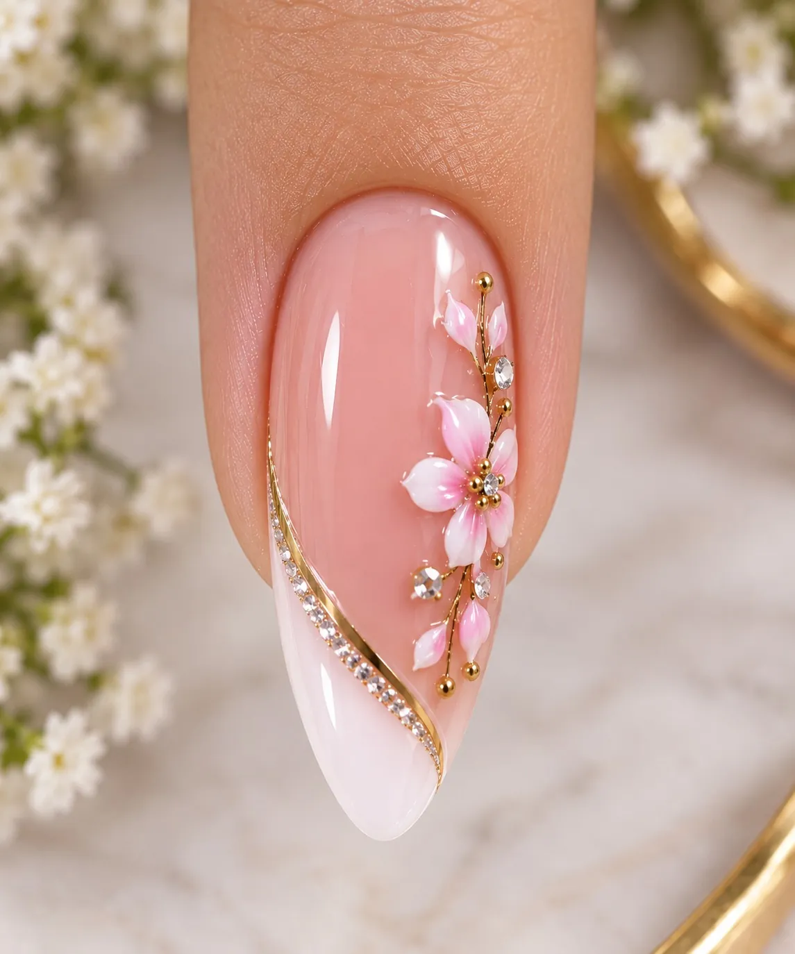 Pink almond nail with a white diagonal tip, gold border and tiny side flowers