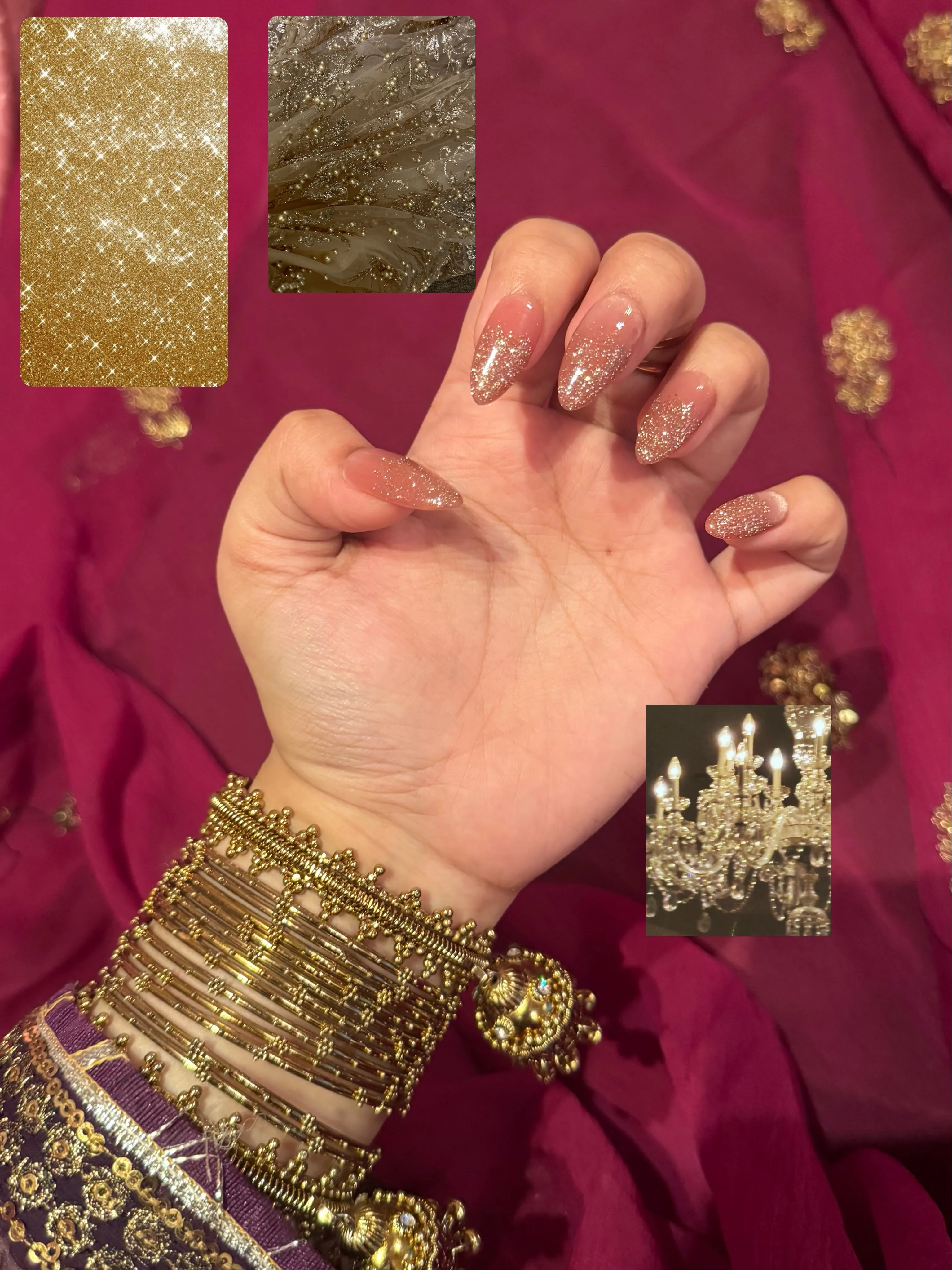 Pink almond nails with gold glitter concentrated toward the tips