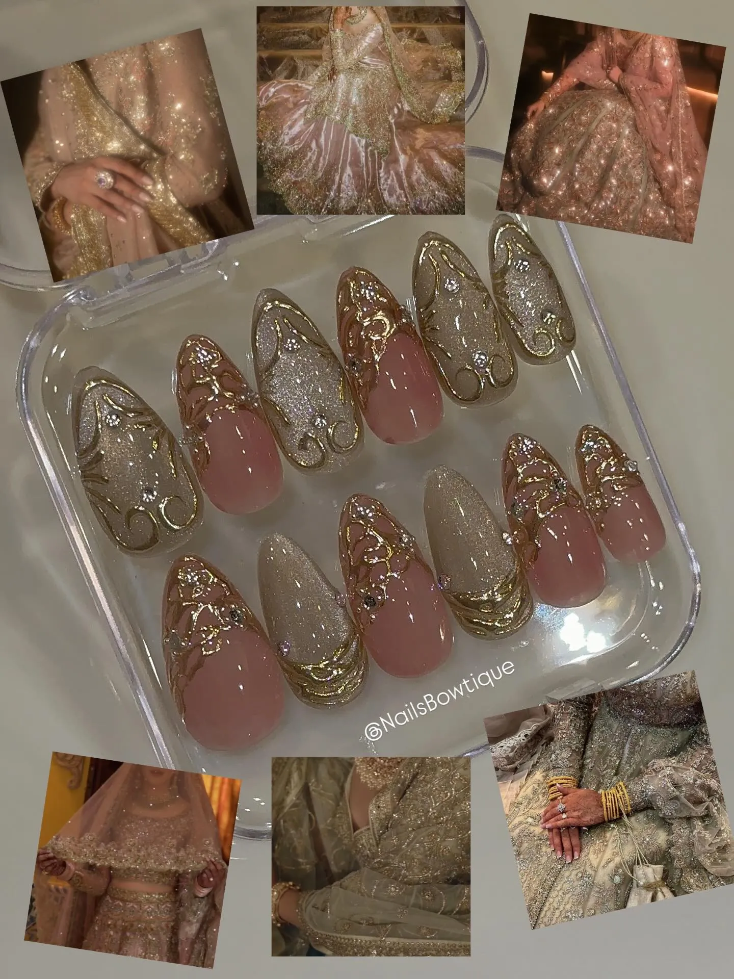 Detached pink and shimmering pale nails with gold scrollwork and small gems