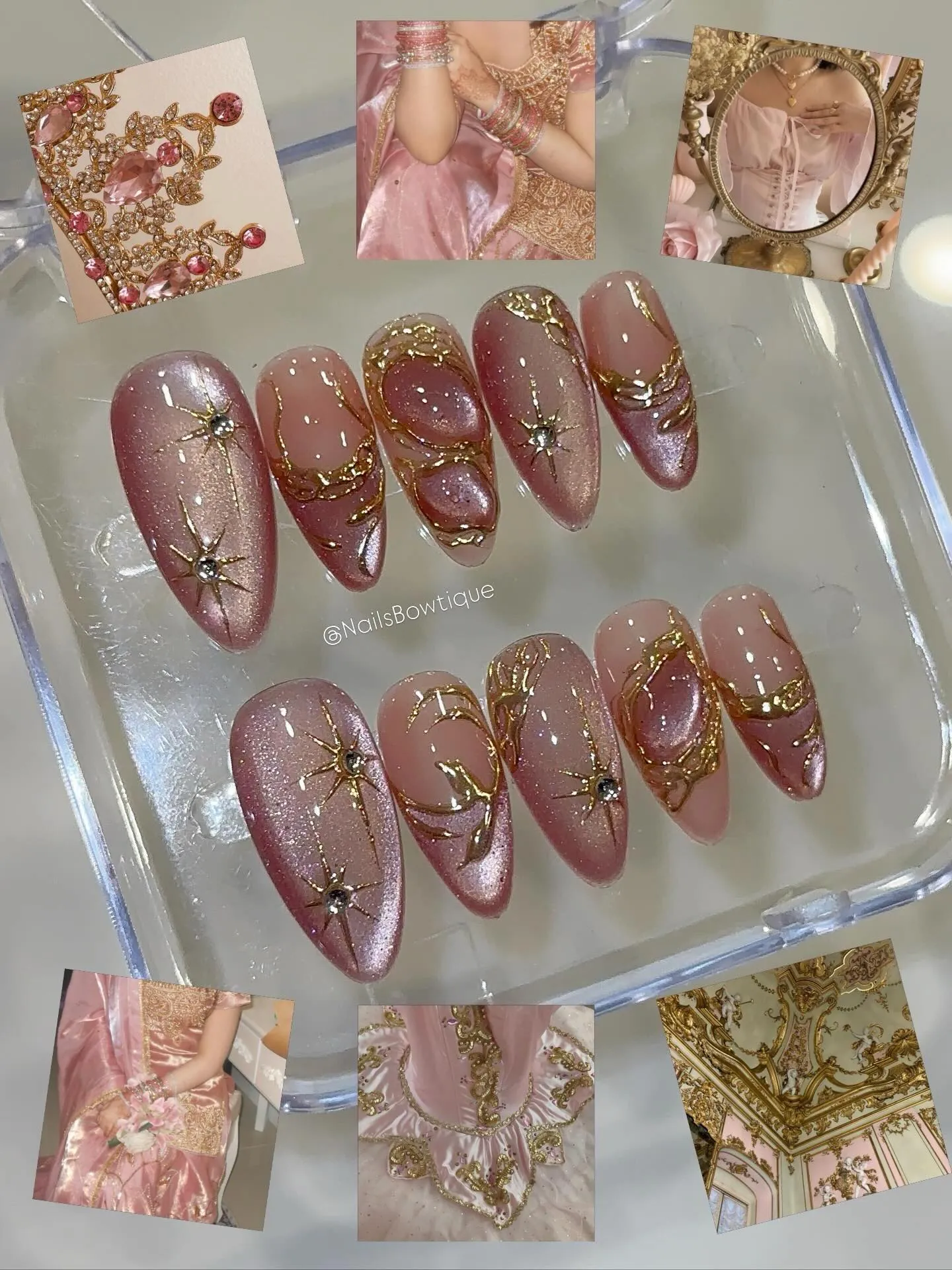 Displayed shimmering pink nails with gold stars, curved bands and framed accents