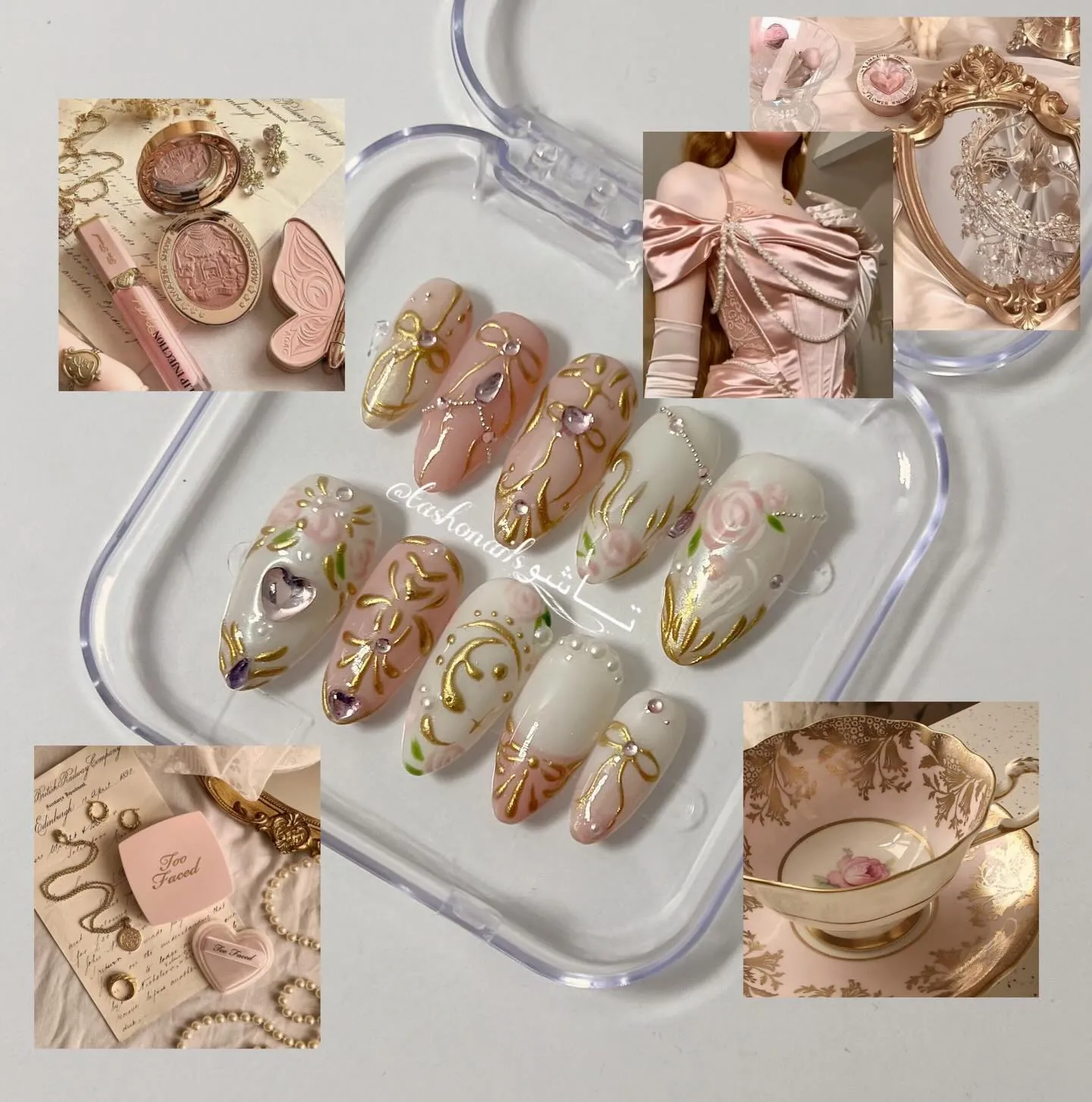 Displayed cream and pale pink nails with gold curves and small floral details
