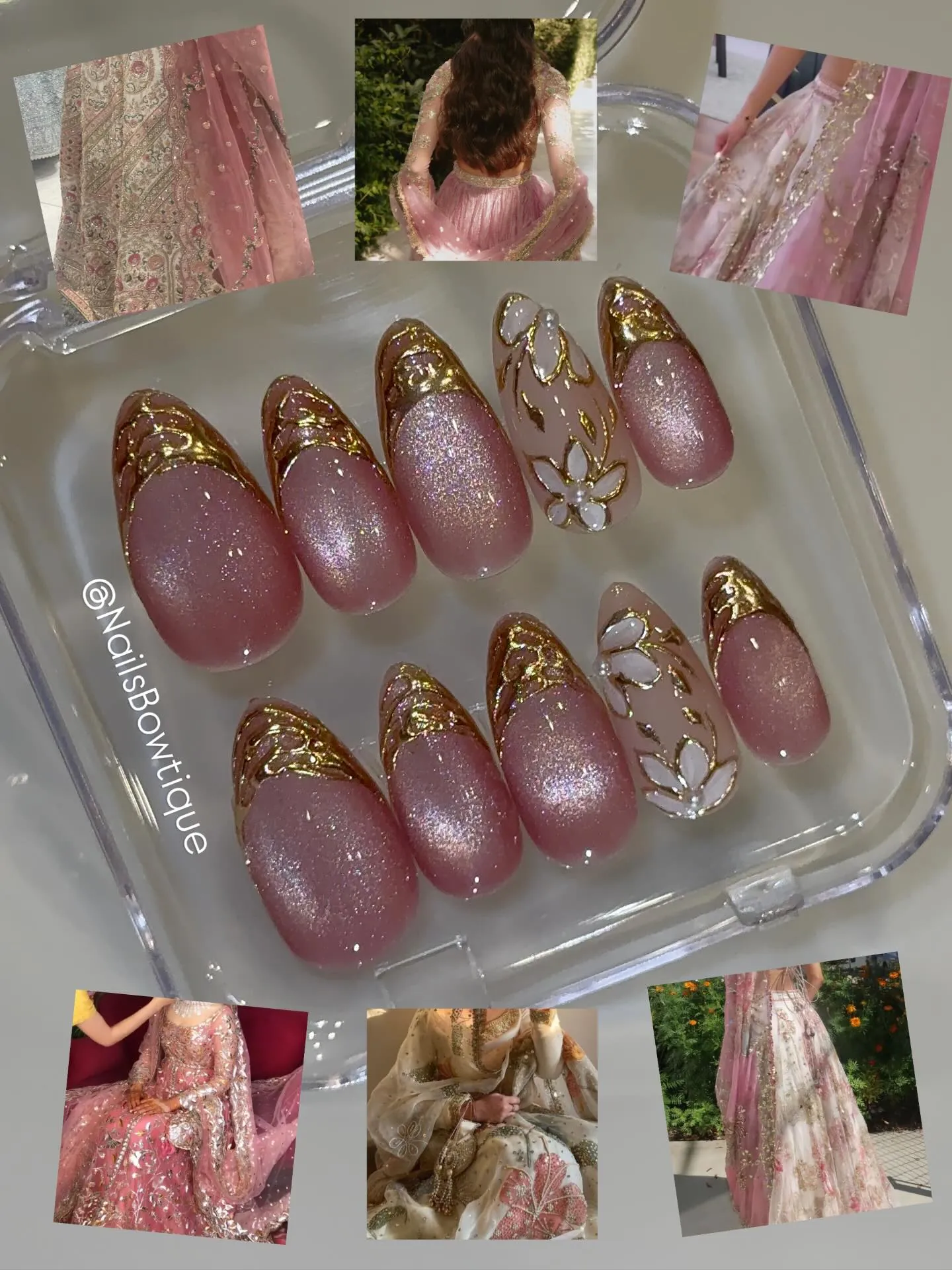 Displayed shimmering pink nails with sculpted gold French tips and white floral accents