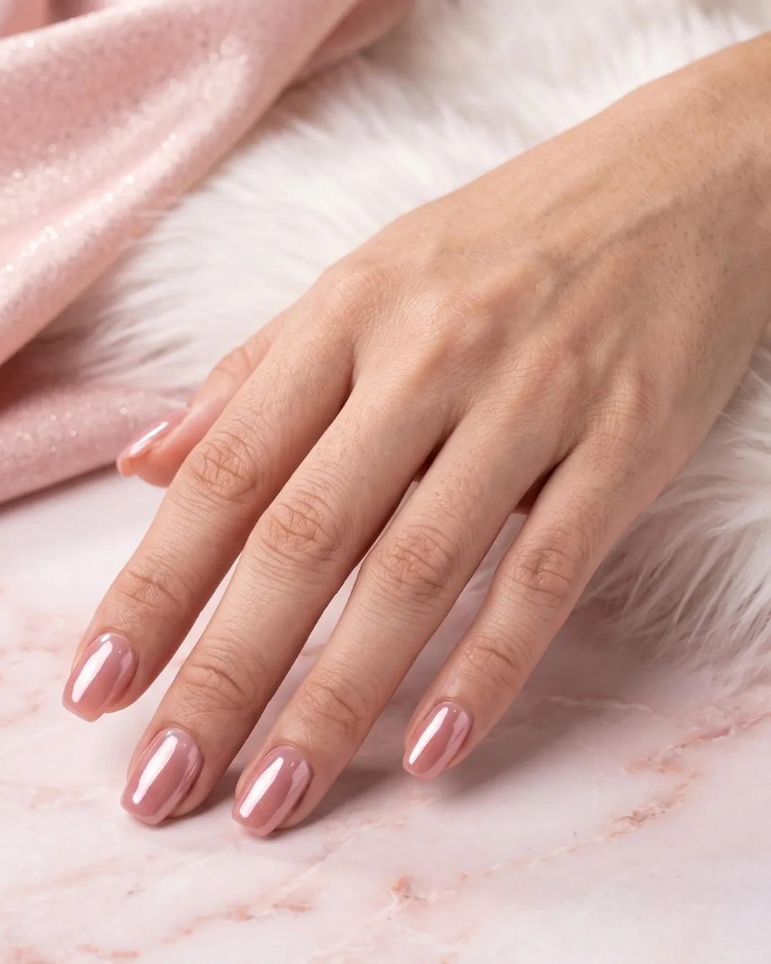 Short rounded pink nails with a soft rose sheen