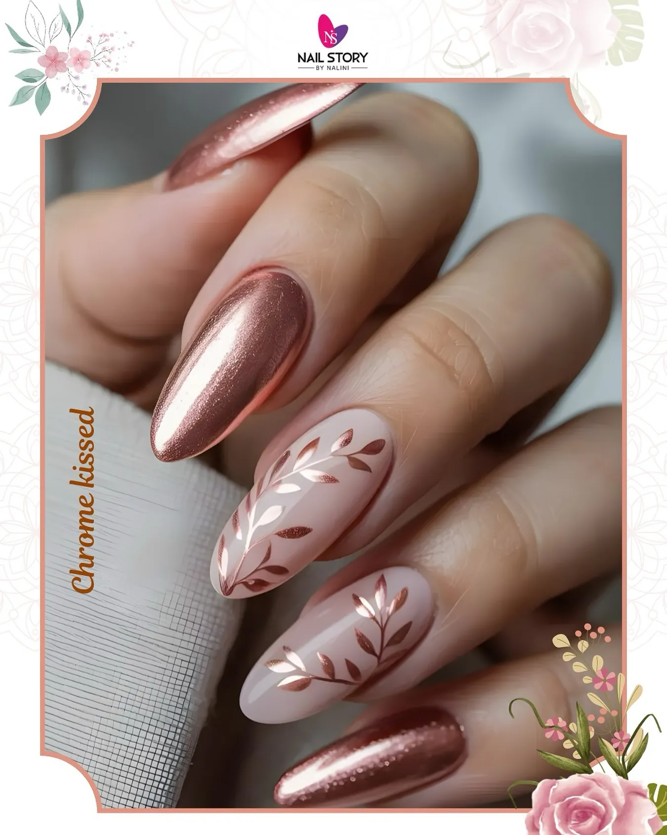 Rose metallic almond nails paired with pale botanical accent nails