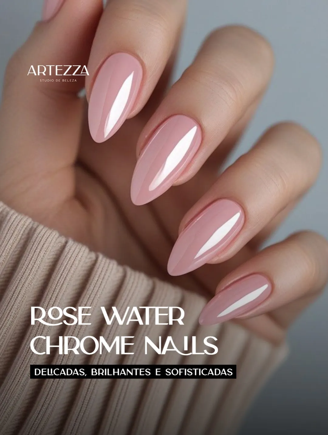 Pale pink almond nails with bright pearly chrome reflections