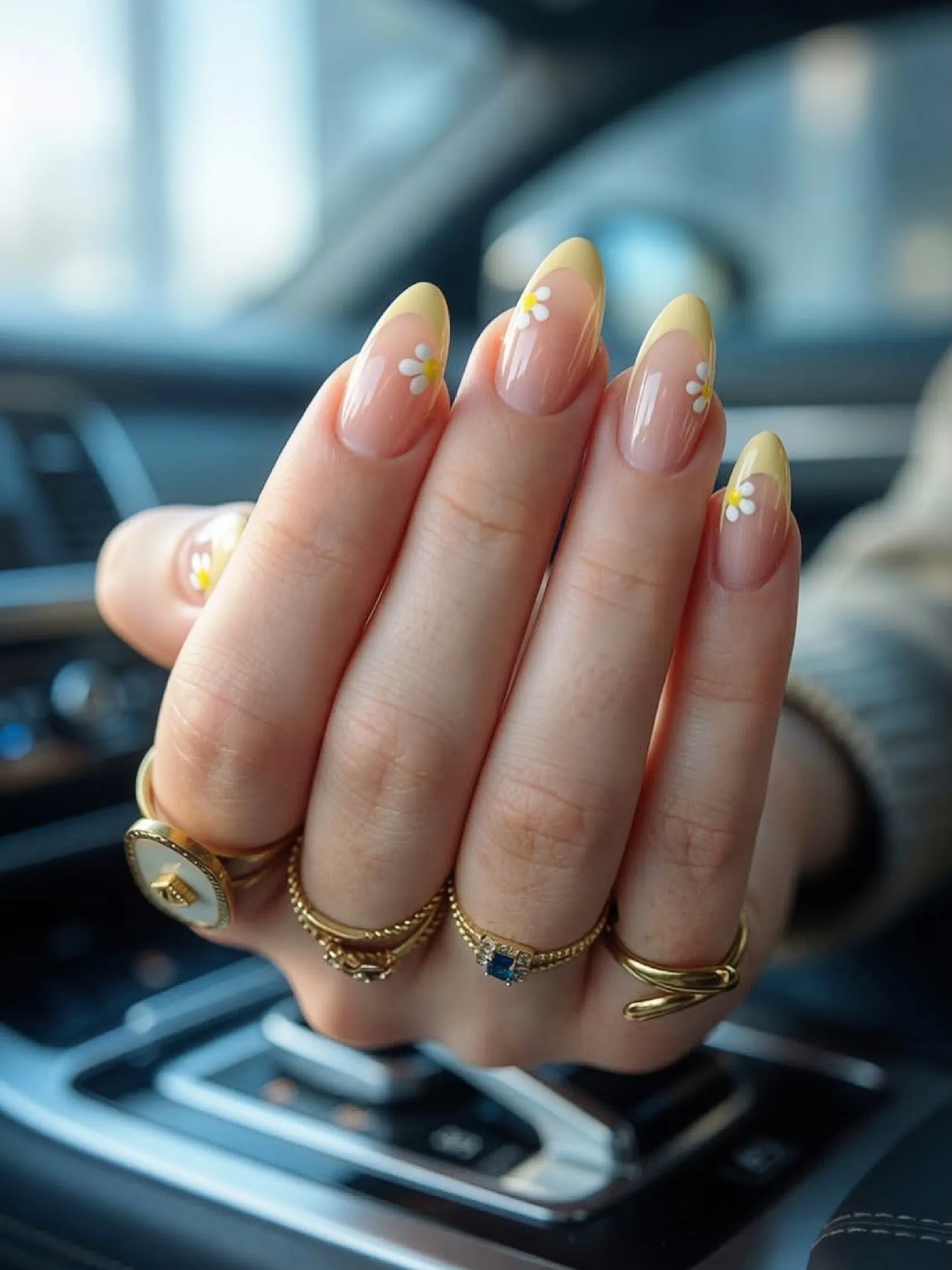 Almond pink nails with yellow tips and small white daisies